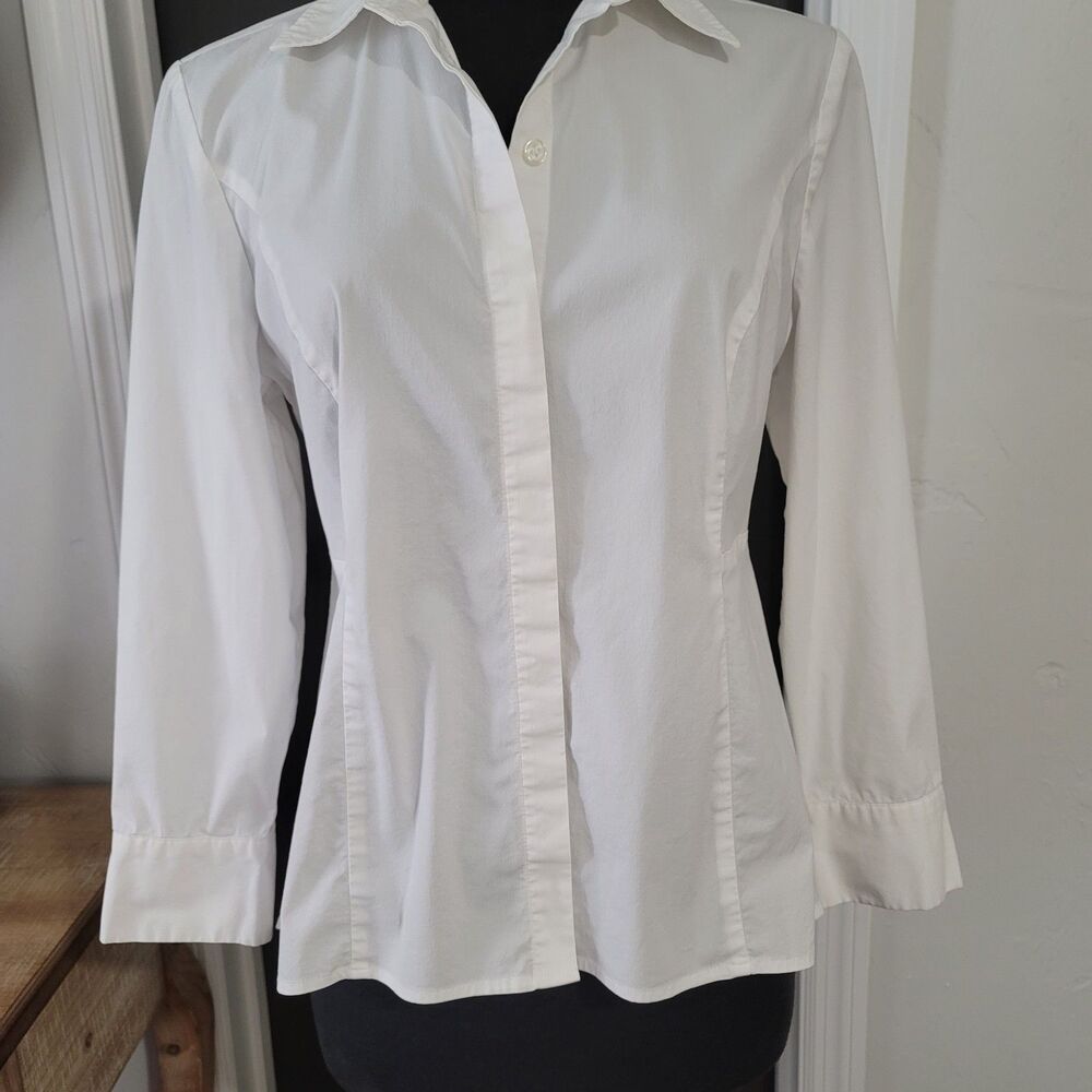 Chico’s White Button Front High Low Blouse Open Back Cotton Blend Size 1 (8/10)